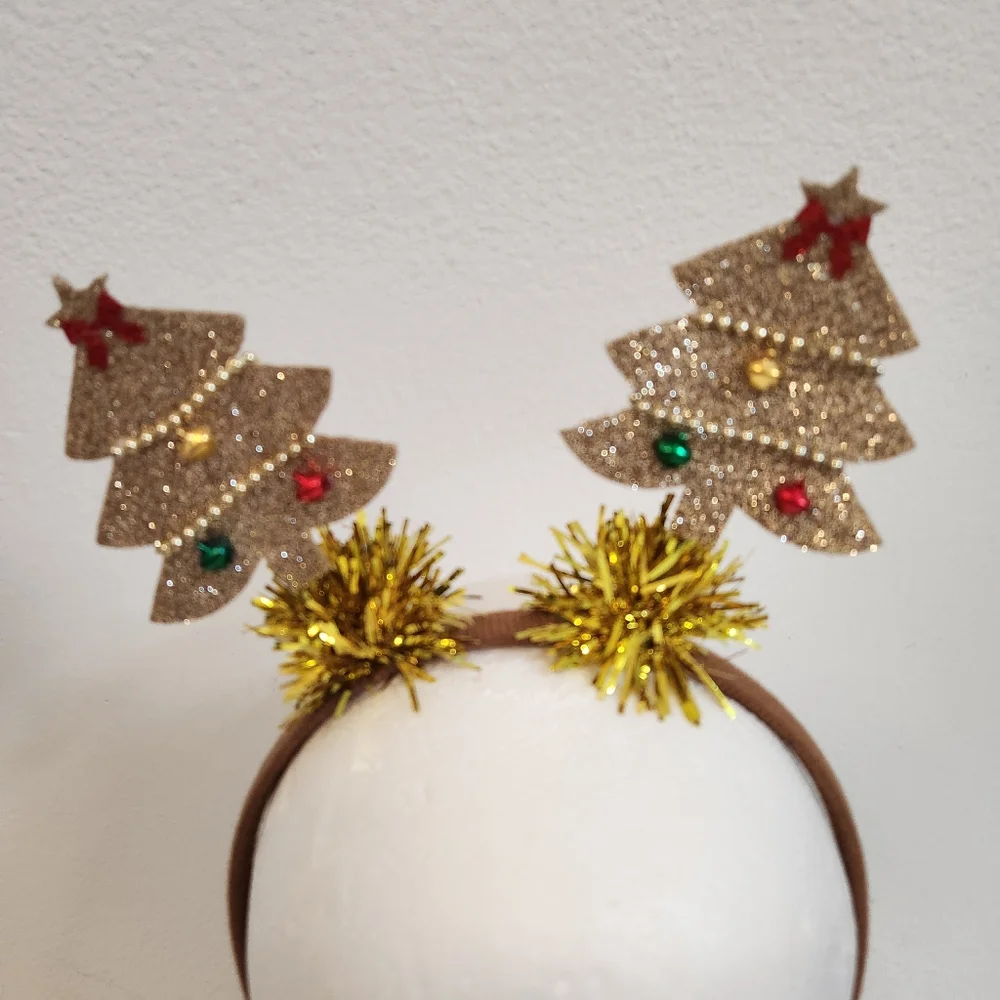 Cute Christmas Star Shape Gold Tinsel Tree With Ribbons headband